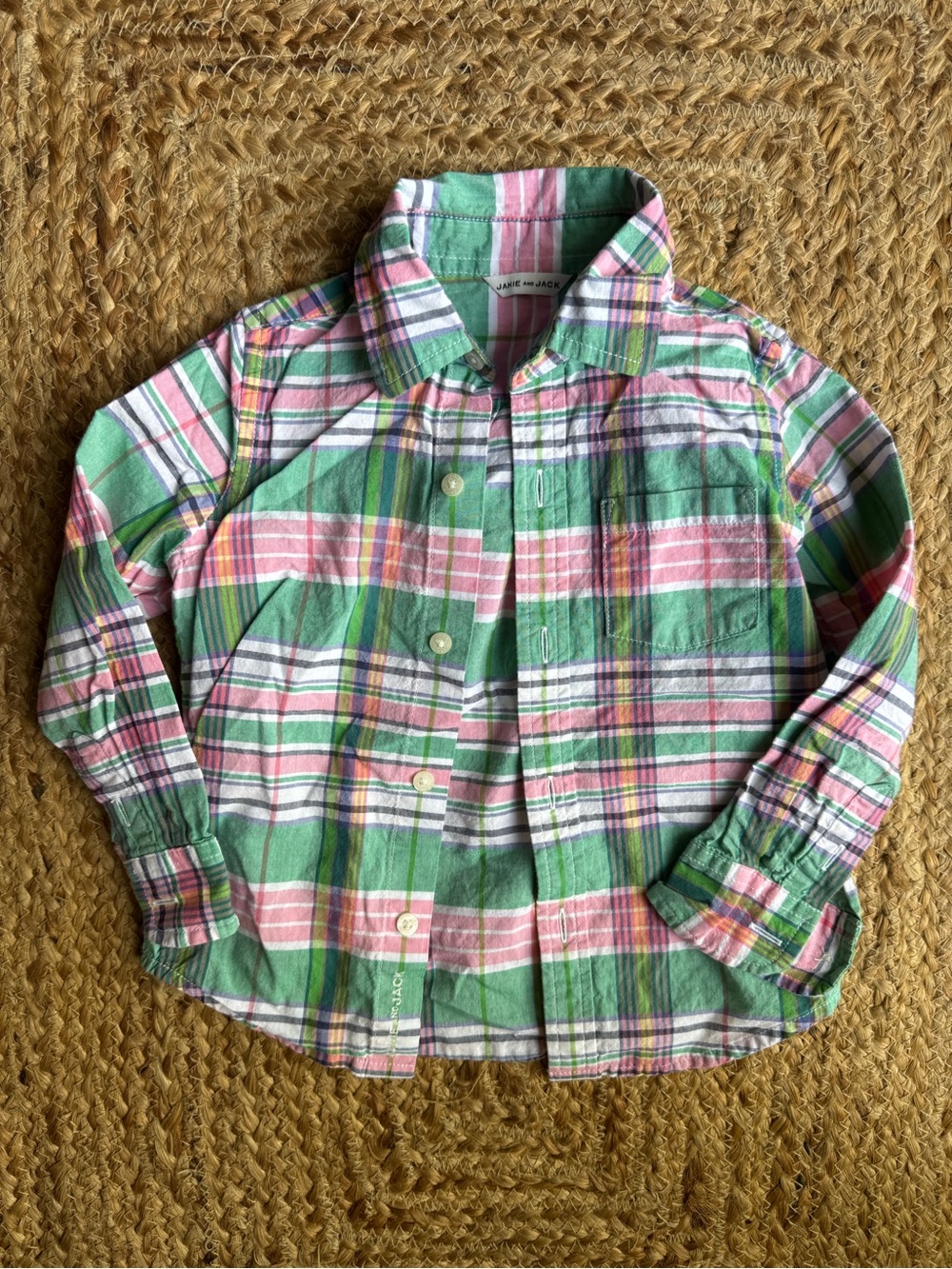 Janie and Jack Boys Green Pink Plaid Button-Up Shirt Long Sleeve 2T